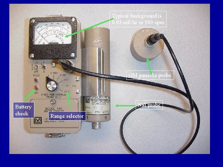 Typical background is 0. 03 m. R/hr or 100 cpm GM pancake probe Battery Typical background is 0. 03 m. R/hr or 100 cpm GM pancake probe Battery