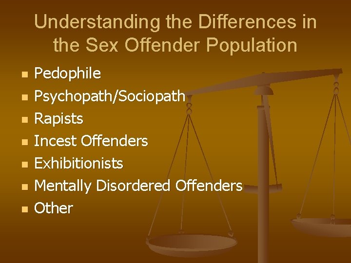 Understanding the Differences in the Sex Offender Population n n n Pedophile Psychopath/Sociopath Rapists