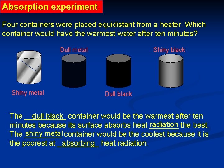 Absorption experiment Four containers were placed equidistant from a heater. Which container would have