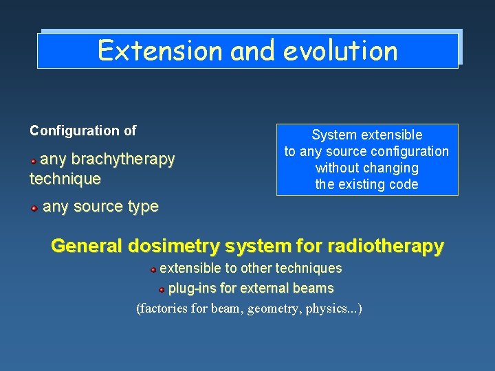 Extension and evolution Configuration of any brachytherapy technique System extensible to any source configuration Extension and evolution Configuration of any brachytherapy technique System extensible to any source configuration