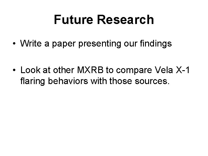 Future Research • Write a paper presenting our findings • Look at other MXRB