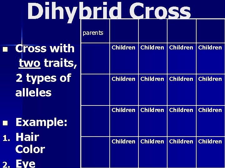 Dihybrid Cross parents n Cross with two traits, 2 types of alleles Children Children