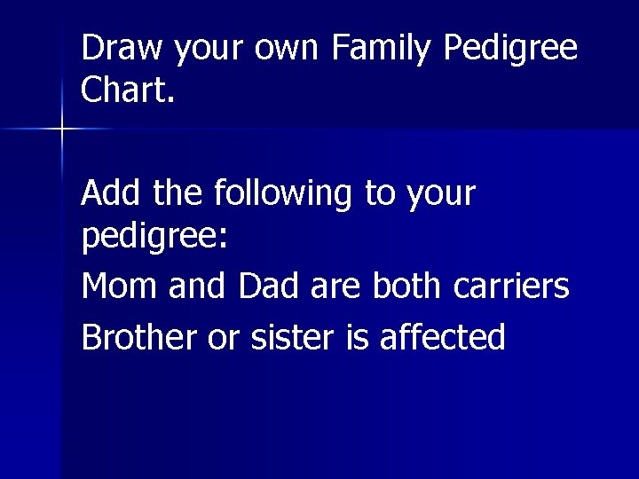 Draw your own Family Pedigree Chart. Add the following to your pedigree: Mom and