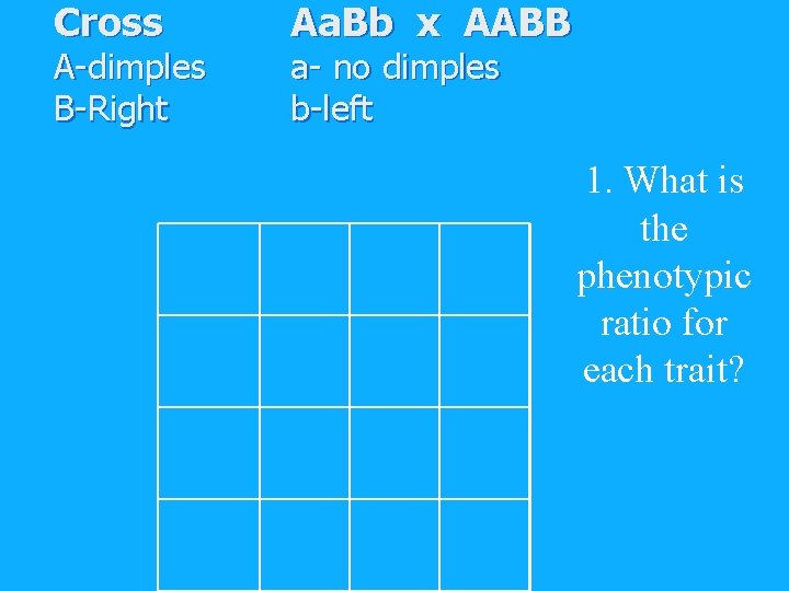 Cross A-dimples B-Right Aa. Bb x AABB a- no dimples b-left 1. What is