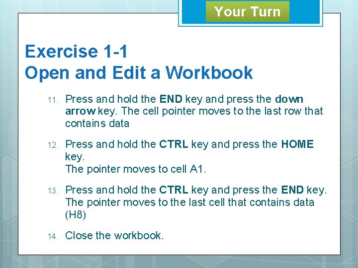 Your Turn Exercise 1 -1 Open and Edit a Workbook 11. Press and hold
