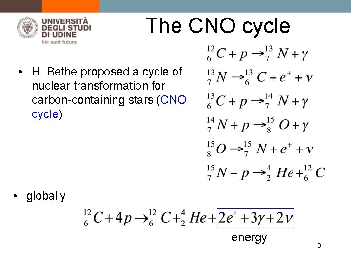The CNO cycle • H. Bethe proposed a cycle of nuclear transformation for carbon-containing