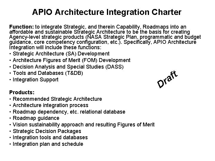 APIO Architecture Integration Charter Function: to integrate Strategic, and therein Capability, Roadmaps into an