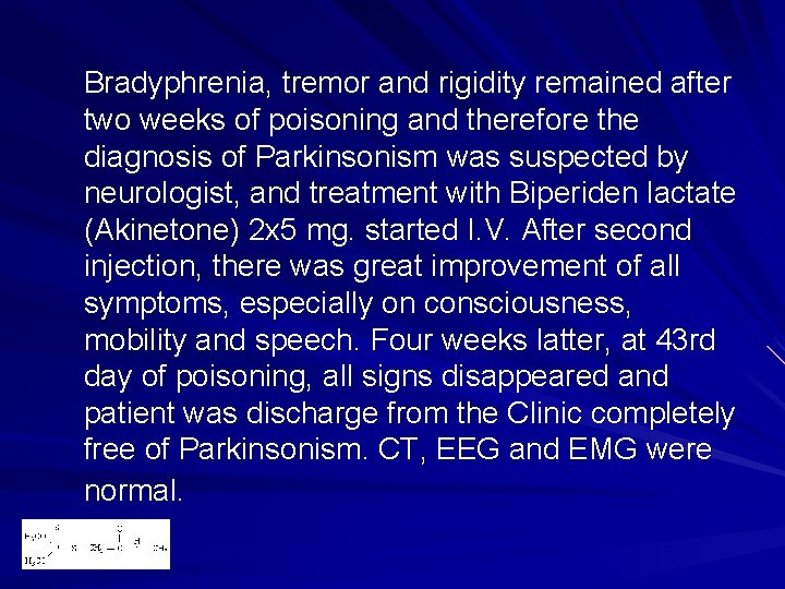 Bradyphrenia, tremor and rigidity remained after two weeks of poisoning and therefore the diagnosis Bradyphrenia, tremor and rigidity remained after two weeks of poisoning and therefore the diagnosis