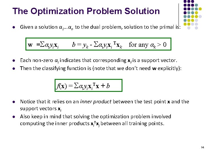 The Optimization Problem Solution l Given a solution α 1…αn to the dual problem,