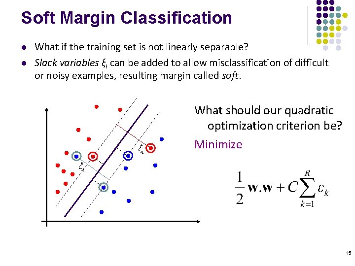 Soft Margin Classification l l What if the training set is not linearly separable?