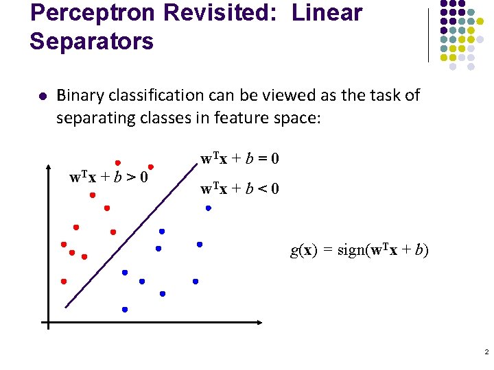 Perceptron Revisited: Linear Separators l Binary classification can be viewed as the task of