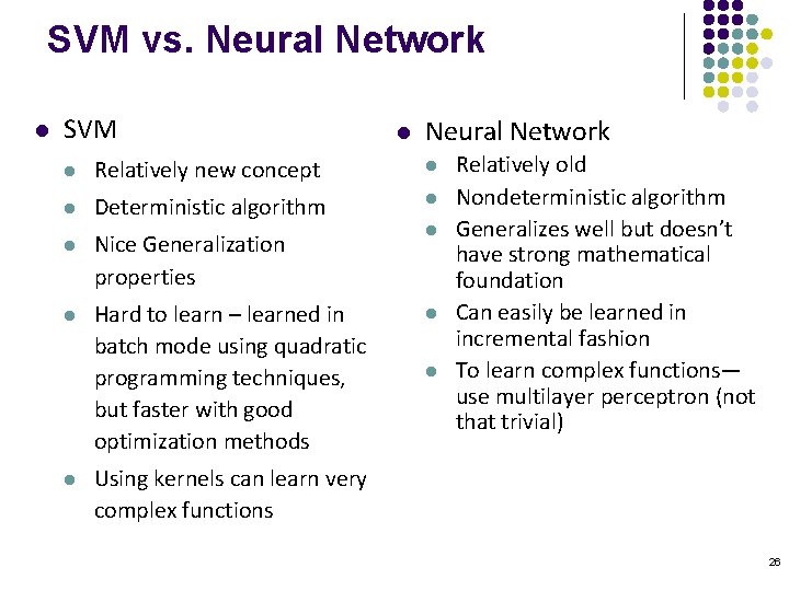 SVM vs. Neural Network l SVM l Neural Network l Relatively new concept l