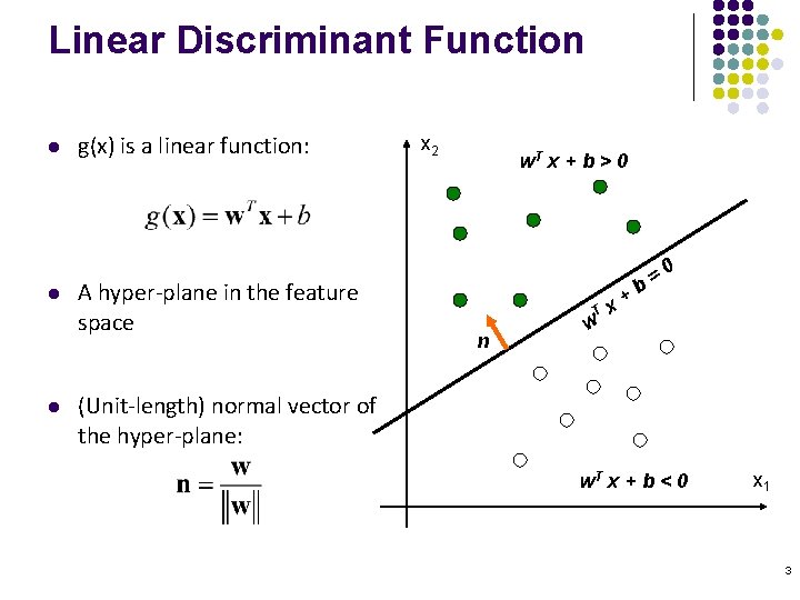 Linear Discriminant Function l l l g(x) is a linear function: A hyper-plane in