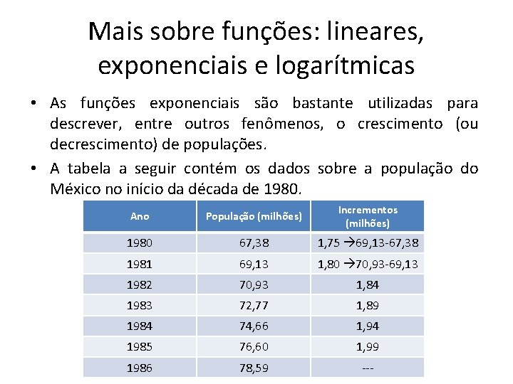 Mais sobre funções: lineares, exponenciais e logarítmicas • As funções exponenciais são bastante utilizadas Mais sobre funções: lineares, exponenciais e logarítmicas • As funções exponenciais são bastante utilizadas