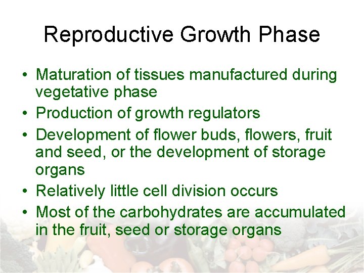 Reproductive Growth Phase • Maturation of tissues manufactured during vegetative phase • Production of