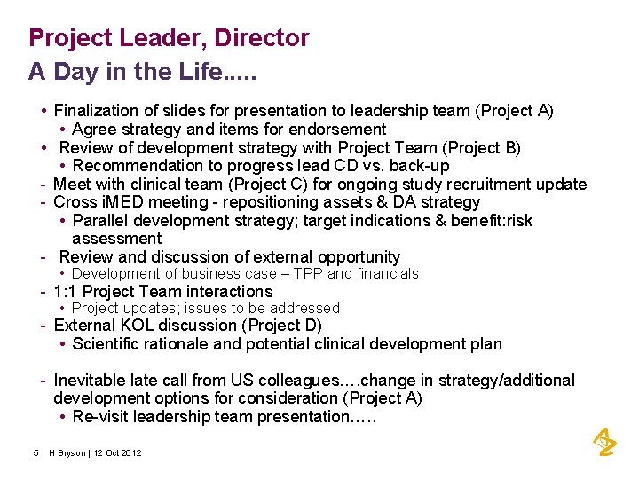 Project Leader, Director A Day in the Life. . . • Finalization of slides