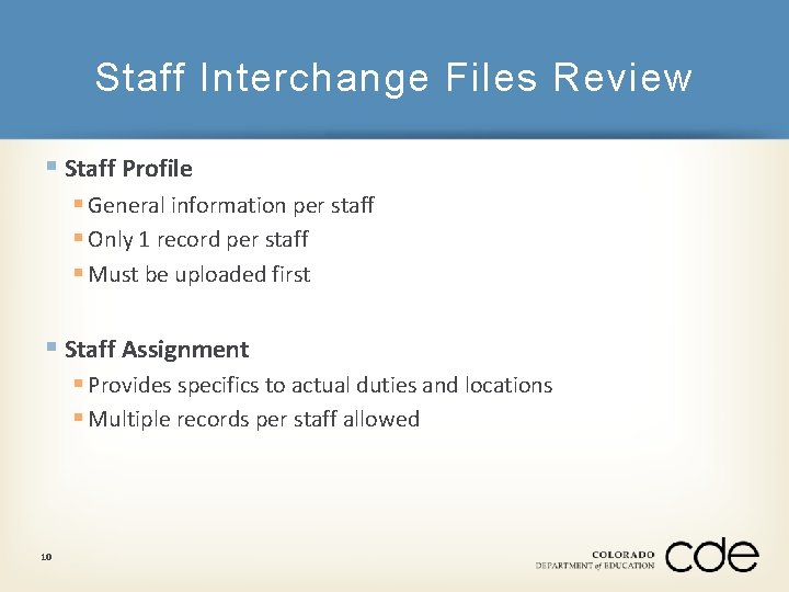 Staff Interchange Files Review § Staff Profile § General information per staff § Only