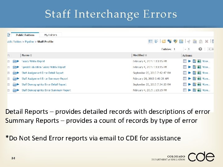 Staff Interchange Errors Detail Reports – provides detailed records with descriptions of error Summary