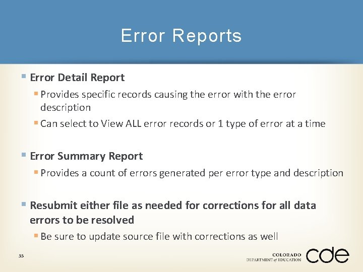 Error Reports § Error Detail Report § Provides specific records causing the error with