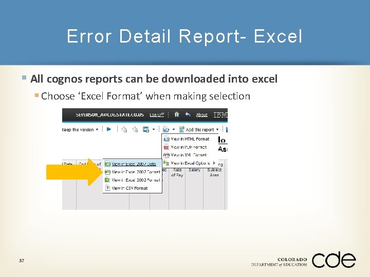 Error Detail Report- Excel § All cognos reports can be downloaded into excel §