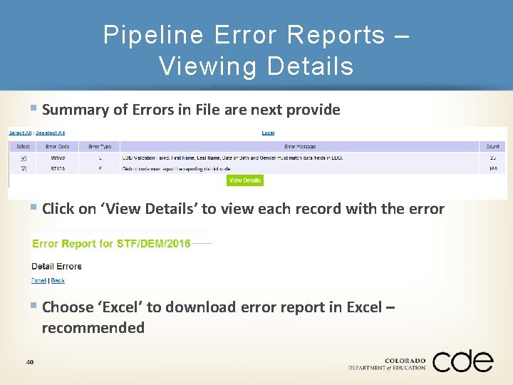 Pipeline Error Reports – Viewing Details § Summary of Errors in File are next