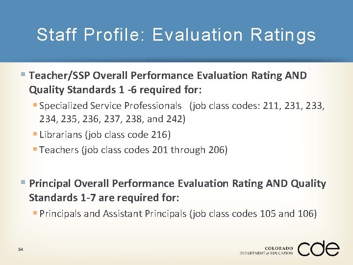 Staff Profile: Evaluation Ratings § Teacher/SSP Overall Performance Evaluation Rating AND Quality Standards 1