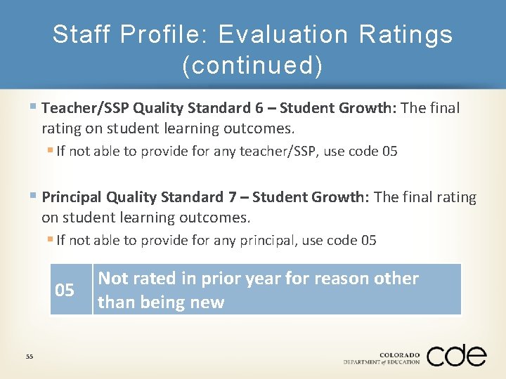 Staff Profile: Evaluation Ratings (continued) § Teacher/SSP Quality Standard 6 – Student Growth: The