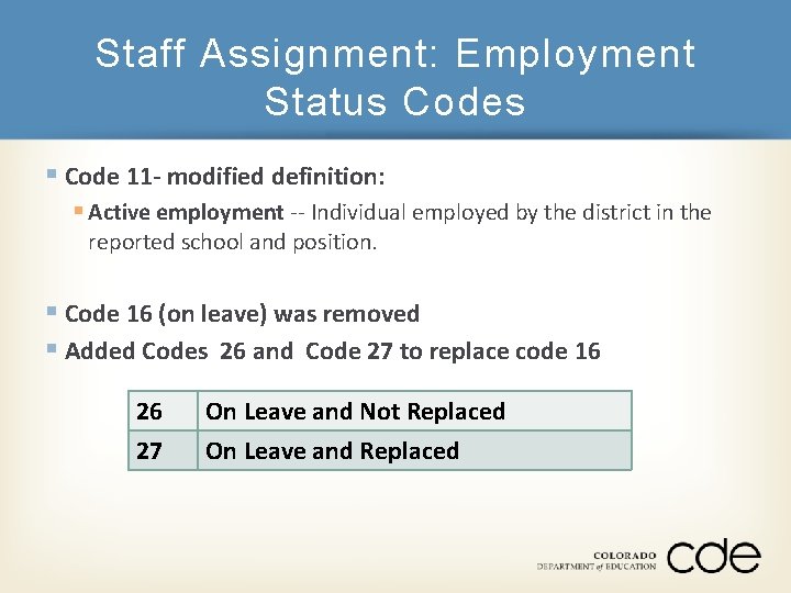 Staff Assignment: Employment Status Codes § Code 11 - modified definition: § Active employment