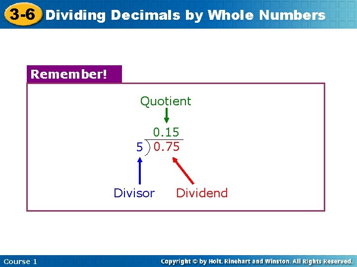 3 -6 Dividing Decimals by Whole Numbers Remember! Quotient 0. 15 5 0. 75