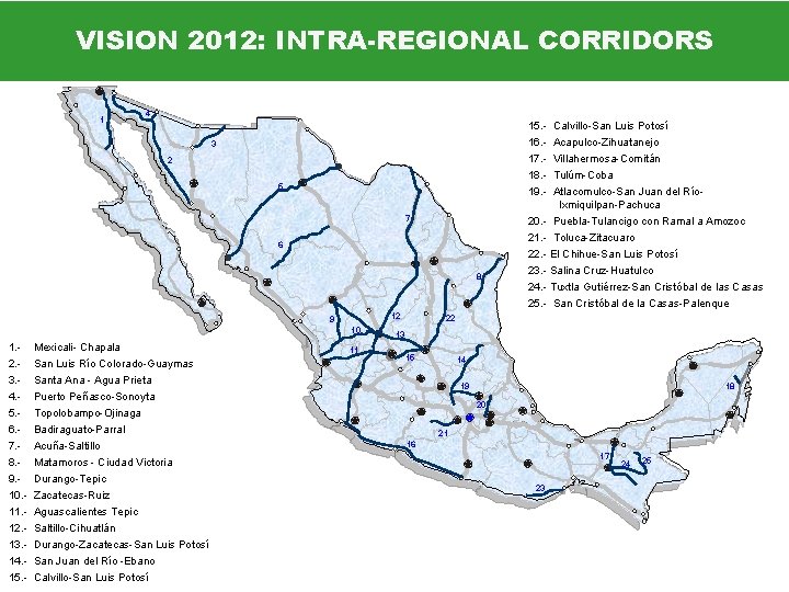Infraestructura carretera VISION 2012: INTRA-REGIONAL CORRIDORS 1 4 15. - Calvillo-San Luis Potosí 16.