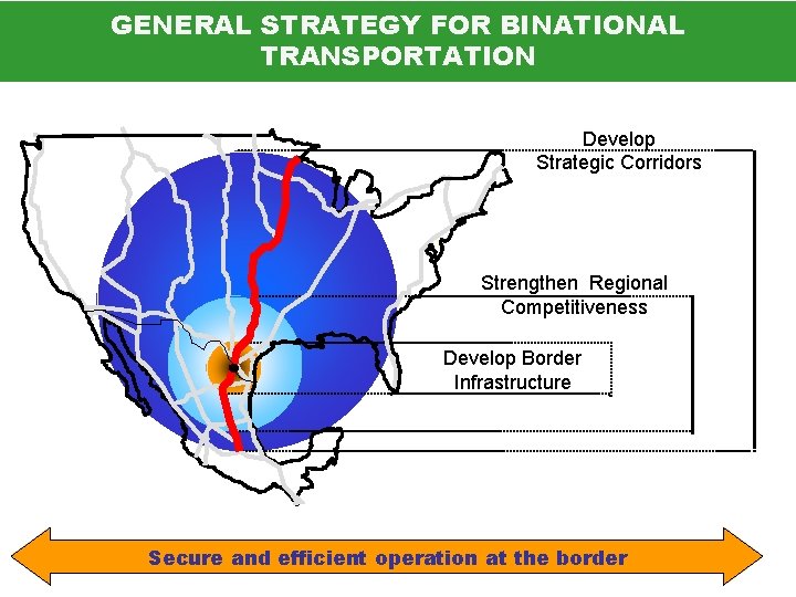 GENERAL STRATEGY FOR BINATIONAL TRANSPORTATION Develop Strategic Corridors Strengthen Regional Competitiveness Develop Border Infrastructure
