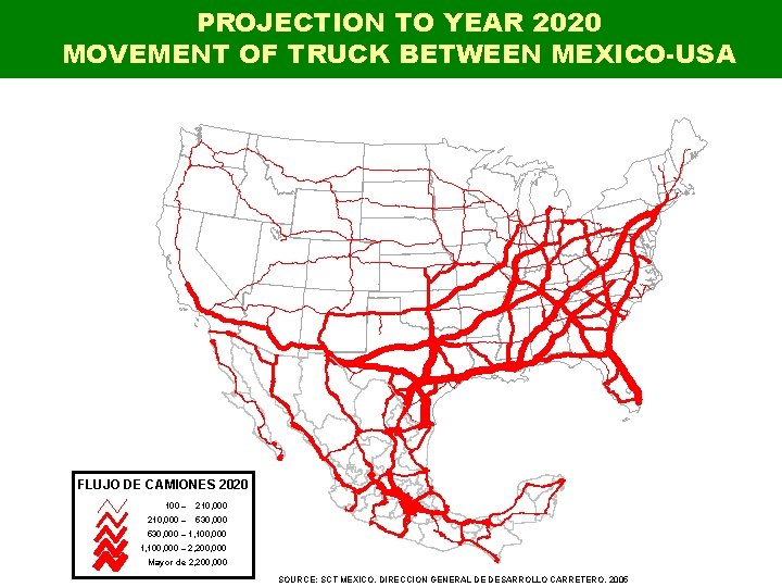 PROJECTION TO YEAR 2020 MOVEMENT OF TRUCK BETWEEN MEXICO-USA FLUJO DE CAMIONES 2020 100