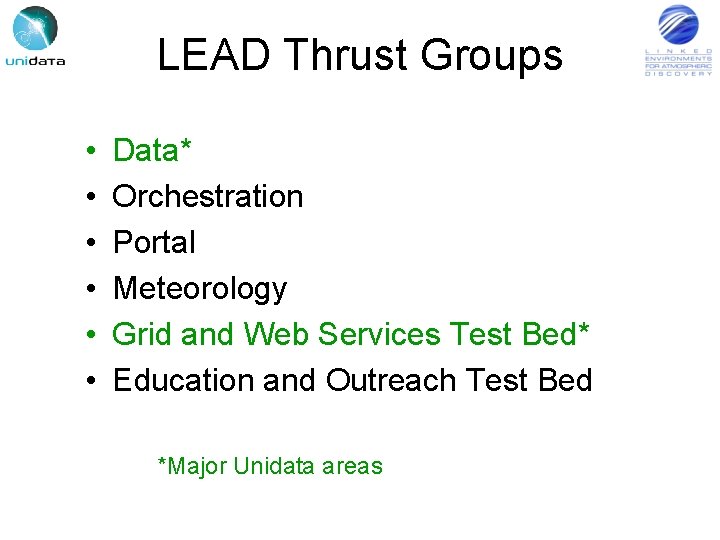 LEAD Thrust Groups • • • Data* Orchestration Portal Meteorology Grid and Web Services