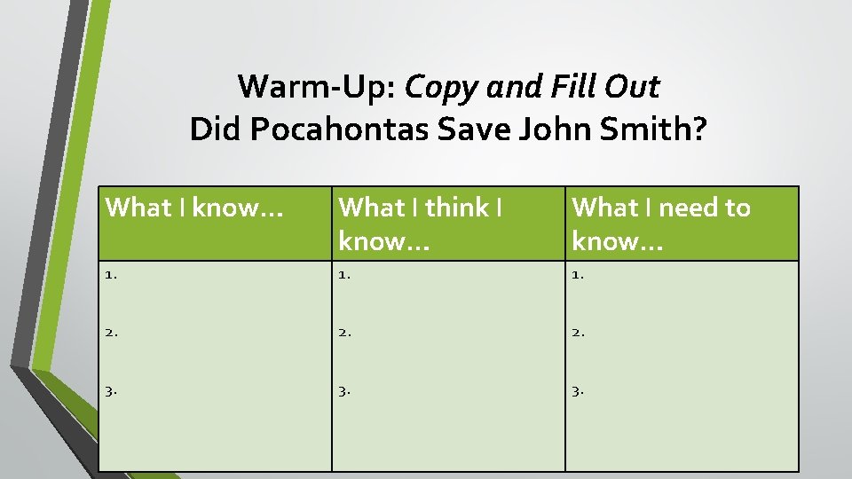 Warm-Up: Copy and Fill Out Did Pocahontas Save John Smith? What I know… What