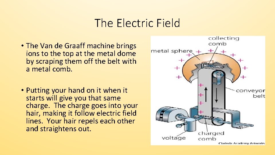 The Electric Field • The Van de Graaff machine brings ions to the top