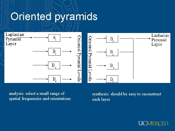 Oriented pyramids analysis: select a small range of spatial frequencies and orientations synthesis: should