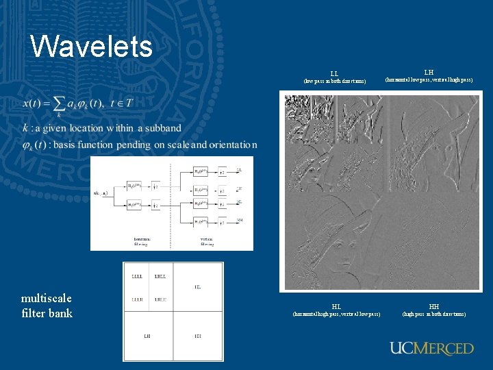 Wavelets LL (low pass in both directions) multiscale filter bank LH (horizontal low pass,