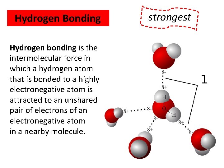 Hydrogen Bonding Hydrogen bonding is the intermolecular force in which a hydrogen atom that
