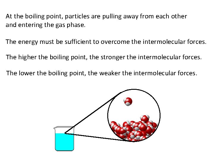 At the boiling point, particles are pulling away from each other and entering the