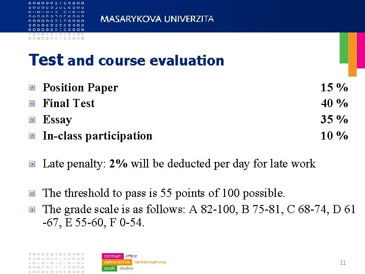Test and course evaluation Position Paper Final Test Essay In-class participation 15 % 40