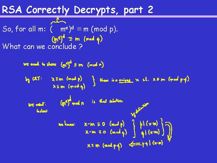 RSA Correctly Decrypts, part 2 So, for all m: ( me)d ≡ m (mod
