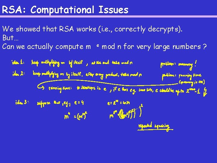 RSA: Computational Issues We showed that RSA works (i. e. , correctly decrypts). But…