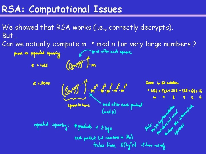 RSA: Computational Issues We showed that RSA works (i. e. , correctly decrypts). But…