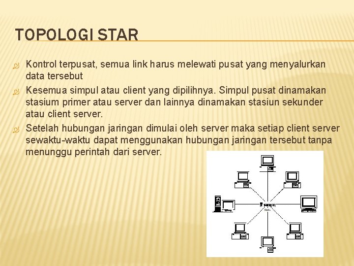 TOPOLOGI STAR Kontrol terpusat, semua link harus melewati pusat yang menyalurkan data tersebut Kesemua