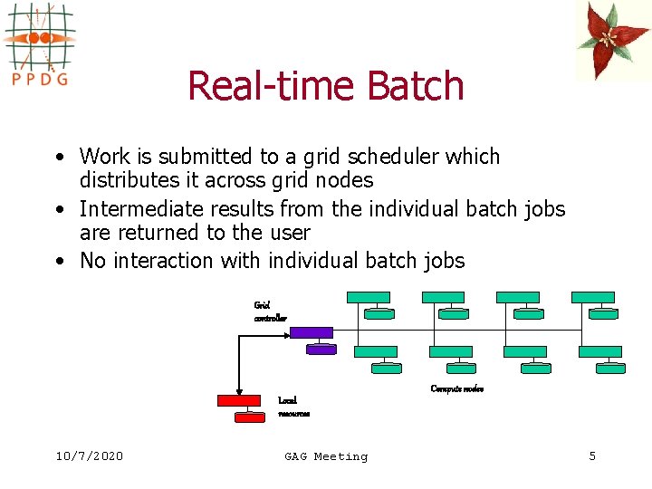 Real-time Batch • Work is submitted to a grid scheduler which distributes it across