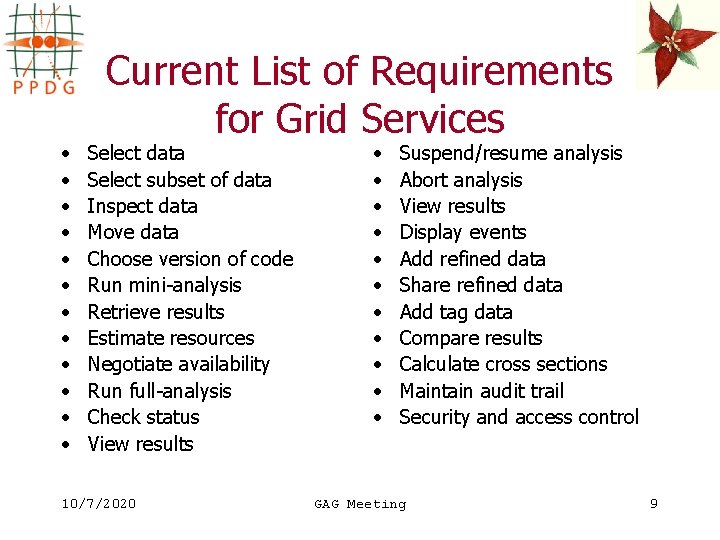  • • • Current List of Requirements for Grid Services Select data Select