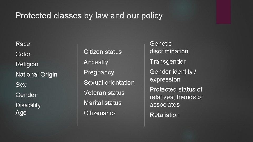 Protected classes by law and our policy Color Citizen status Genetic discrimination Religion Ancestry