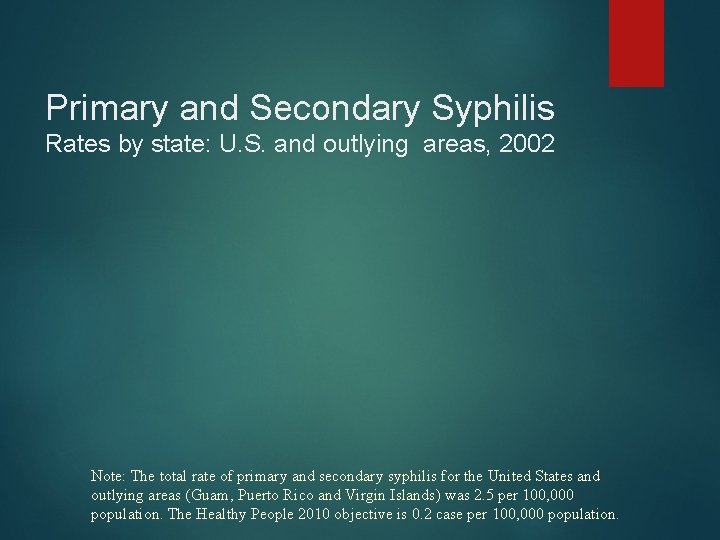 Primary and Secondary Syphilis Rates by state: U. S. and outlying areas, 2002 Note: