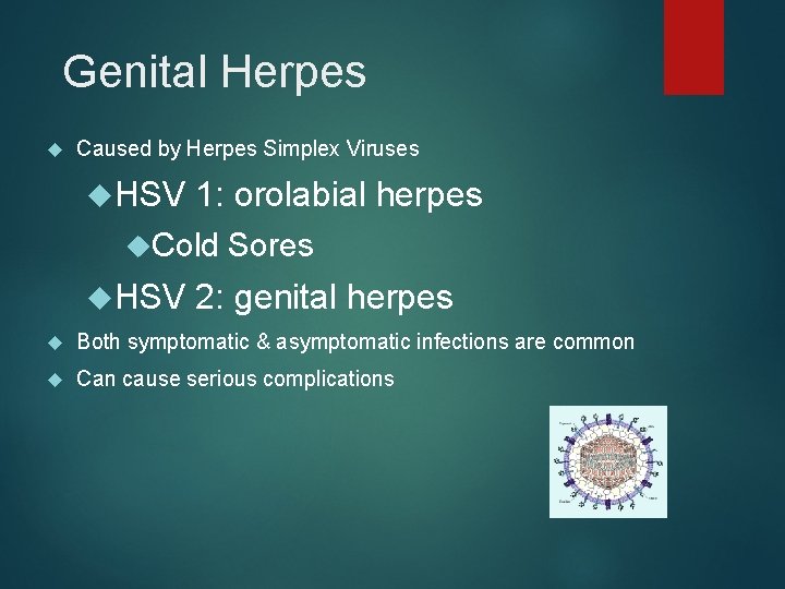 Genital Herpes Caused by Herpes Simplex Viruses HSV 1: orolabial herpes Cold HSV Sores