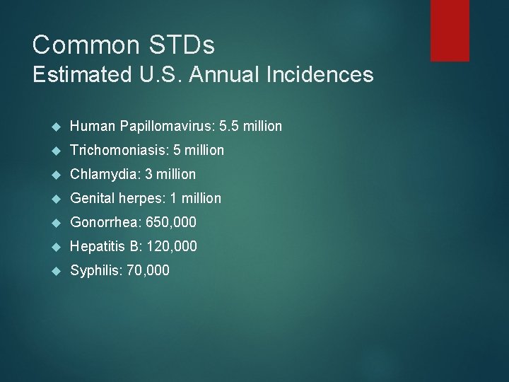 Common STDs Estimated U. S. Annual Incidences Human Papillomavirus: 5. 5 million Trichomoniasis: 5